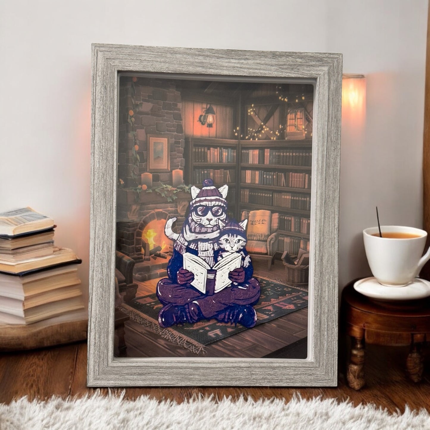 Cat Reading Book Shadow Box