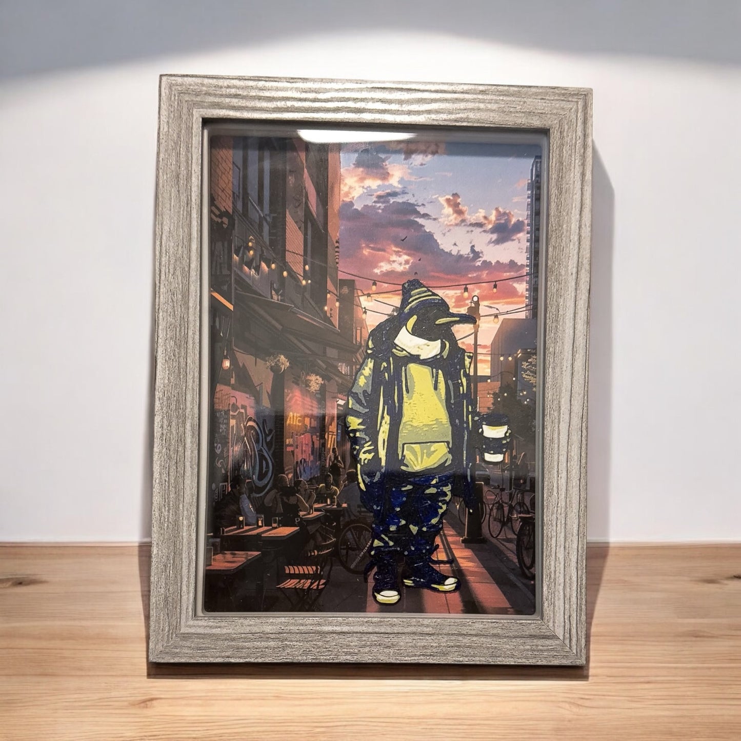 Hipster Penguin with Coffee Shadow Box